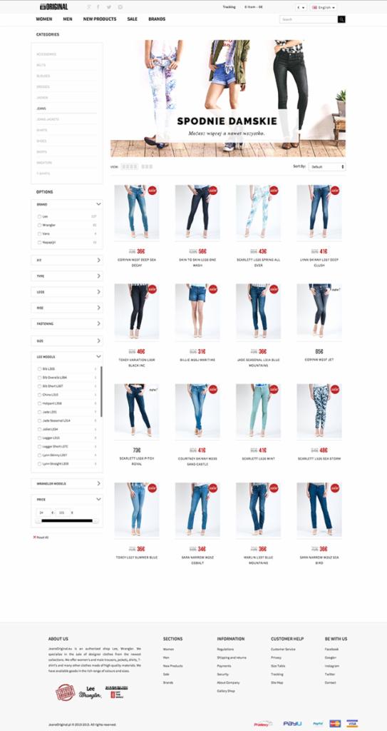 Widok strony internetowej sklepu odzieżowego z damskimi spodniami marki Lee i Wrangler. Prezentacja produktów z cenami. Filtry po lewej stronie.