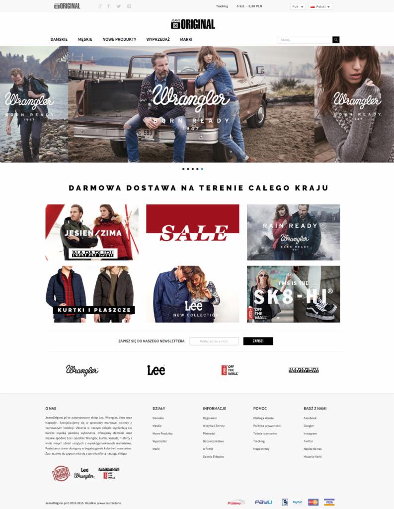 Strona główna sklepu internetowego JeansOriginal.pl z ofertą odzieży marek Lee i Wrangler, prezentująca zdjęcia modeli w dżinsowych stylizacjach na tle krajobrazów i zabytkowego pickupa.