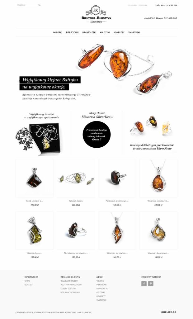 Układ strony sklepu internetowego z biżuterią z bursztynem, prezentujący wisior, pierścionek i bransoletkę z bursztynem w srebrnej oprawie na białym tle.