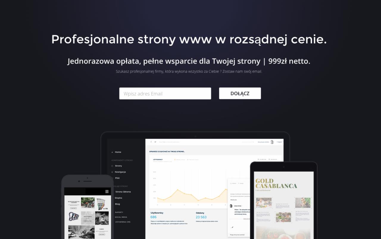 Ekran komputera, tabletu i smartfona prezentujące interfejs strony internetowej z danymi statystycznymi i przykładową stroną restauracji Gold Casablanca, na ciemnym tle z tekstem promocyjnym...