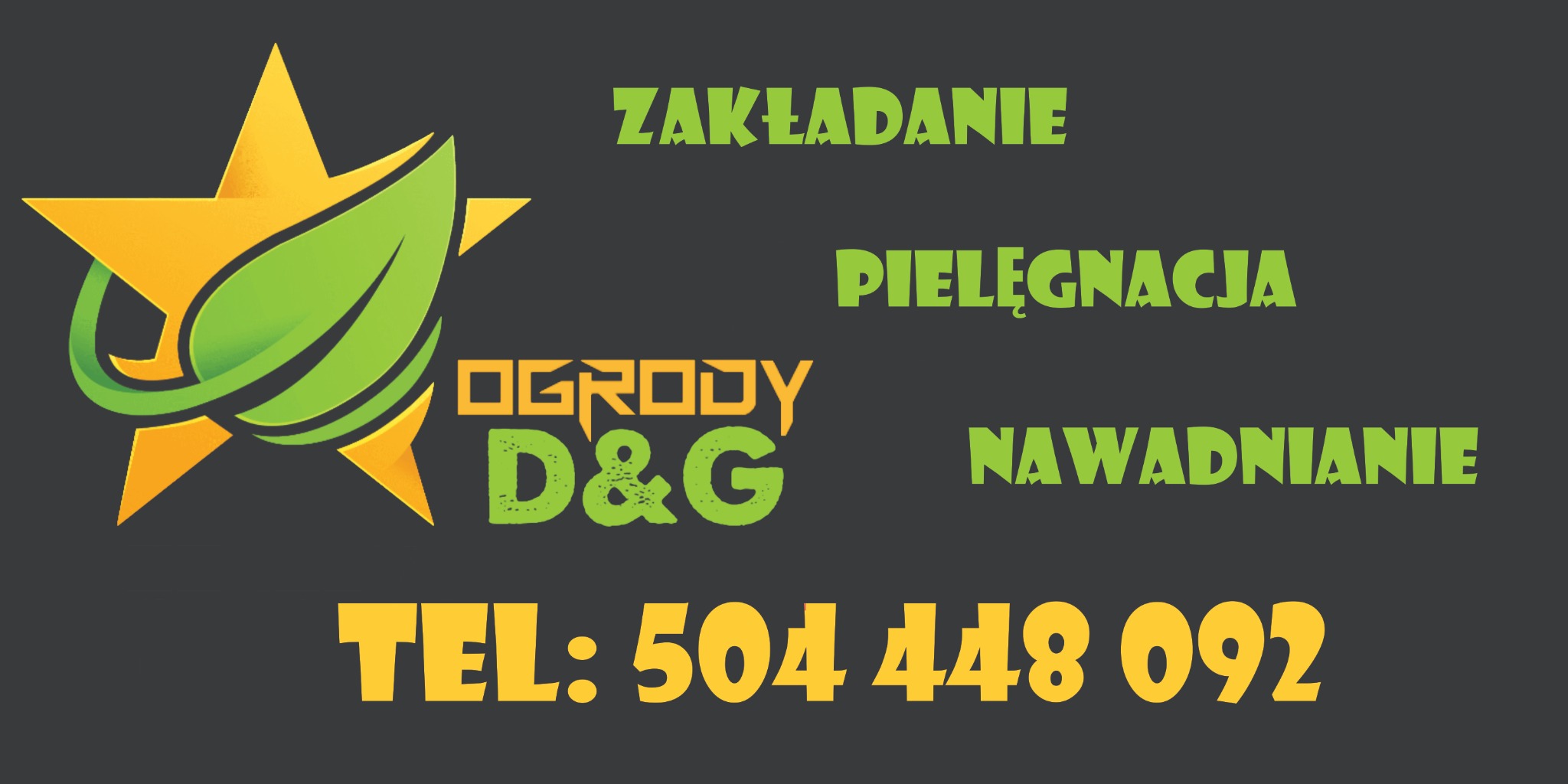 Logo firmy ogrodniczej 'Ogrody D&G' z motywem gwiazdy i liści, oferującej usługi zakładania, pielęgnacji i nawadniania ogrodów, z podanym numerem telefonu.