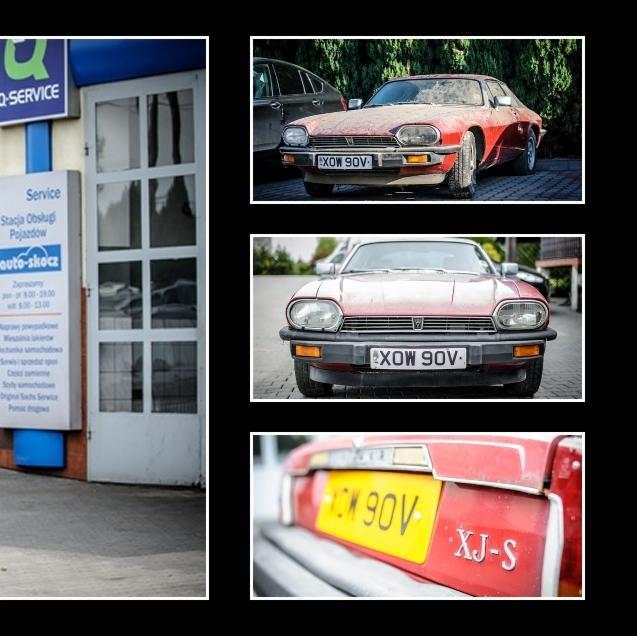 Montaż zdjęć: czerwony Jaguar XJ-S przed warsztatem Q-Service, tablica XOW 90V, widok z przodu i zbliżenie na tył z logo XJ-S. Auto zakurzone.