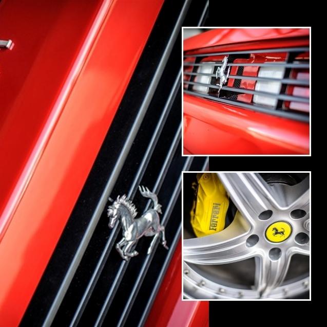 Czerwony Ferrari: zbliżenie na detale - grill z logo, emblemat konia i felga z żółtym zaciskiem hamulcowym. Precyzyjne wykończenie i luksusowy charakter.