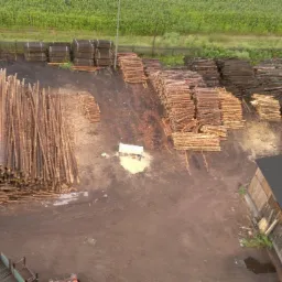 Widok z góry na plac składowania drewna: stosy okrąglaków, tarcicy i desek. W tle zielone pole, budynek z ciemnym dachem i mały wózek. Całość w naturalnym oświetleniu.