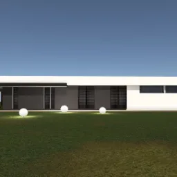 Wizualizacja nowoczesnego, parterowego domu z płaskim dachem, oświetlonego trzema kulistymi lampami ogrodowymi, z minimalistycznym podjazdem i numerem domu '82'.