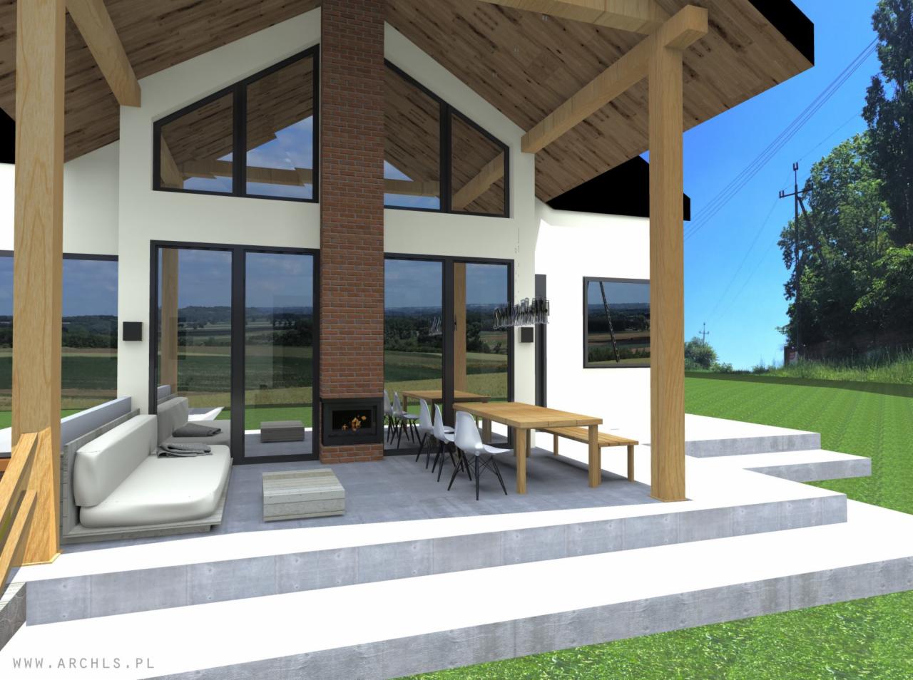 Wizualizacja domu jednorodzinnego z tarasem, dużymi przeszkleniami, kominkiem zewnętrznym z cegły, drewnianą konstrukcją dachu i nowoczesnymi meblami ogrodowymi.