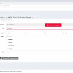 Interfejs programu do zarządzania terminami zdarzeń na cmentarzu, z widocznym formularzem dodawania grobu, polami wyboru cmentarza, typu, statusu i symbolu, oraz informacją o wymaganym polu.
