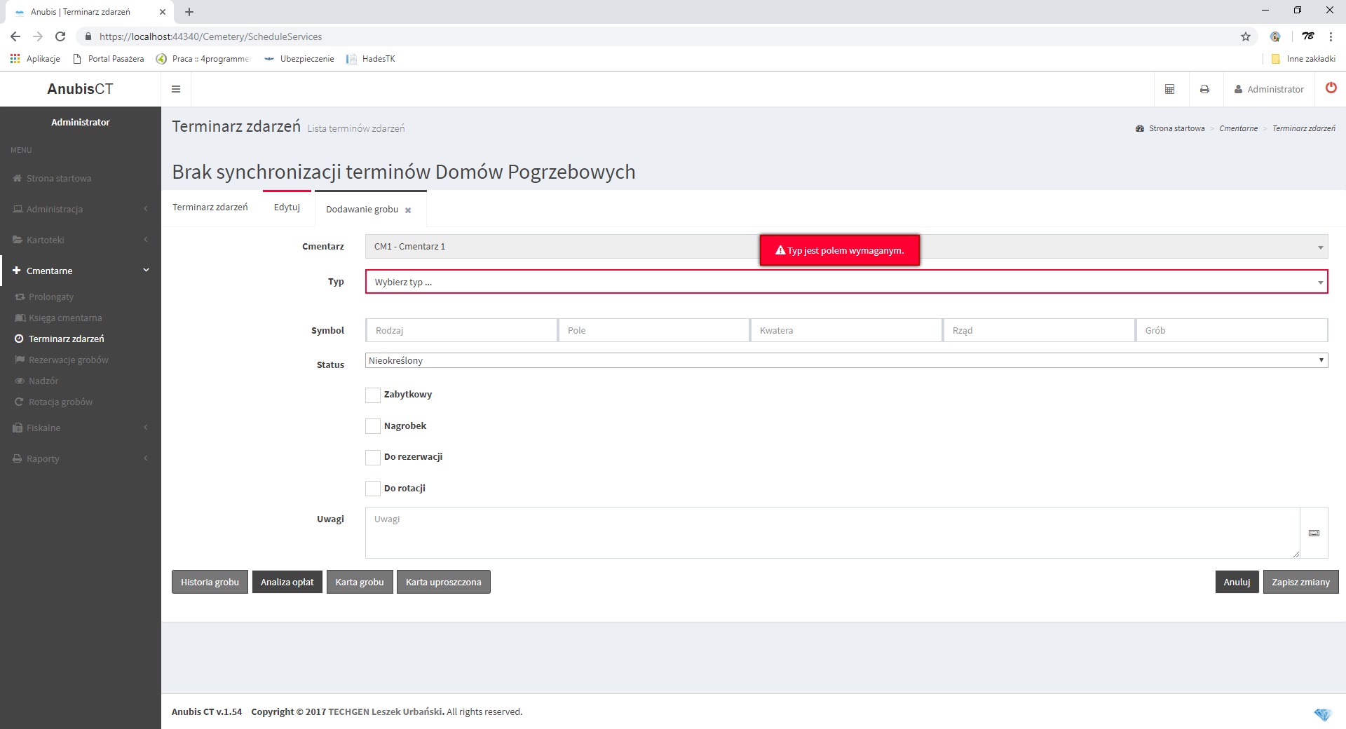 Interfejs programu do zarządzania terminami zdarzeń na cmentarzu, z widocznym formularzem dodawania grobu, polami wyboru cmentarza, typu, statusu i symbolu, oraz informacją o wymaganym polu.