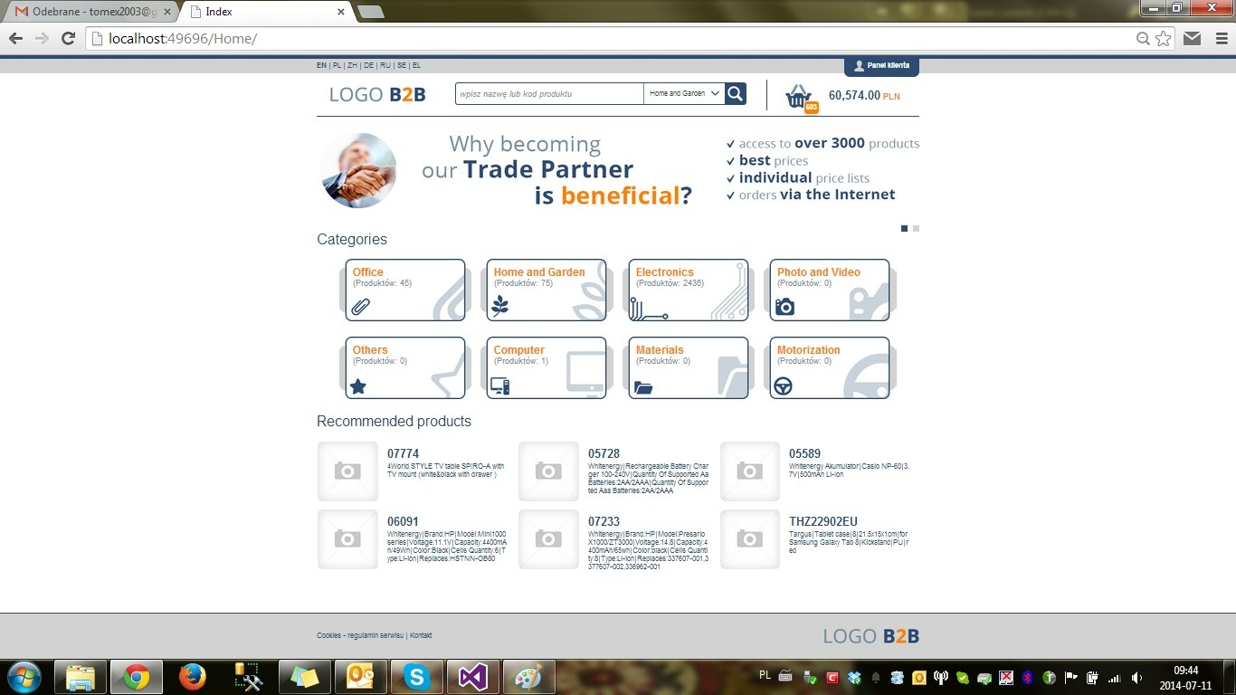 Zrzut ekranu strony internetowej platformy B2B z kategoriami produktów, wyszukiwarką i ofertami specjalnymi, wyświetlany w przeglądarce Chrome na systemie Windows.