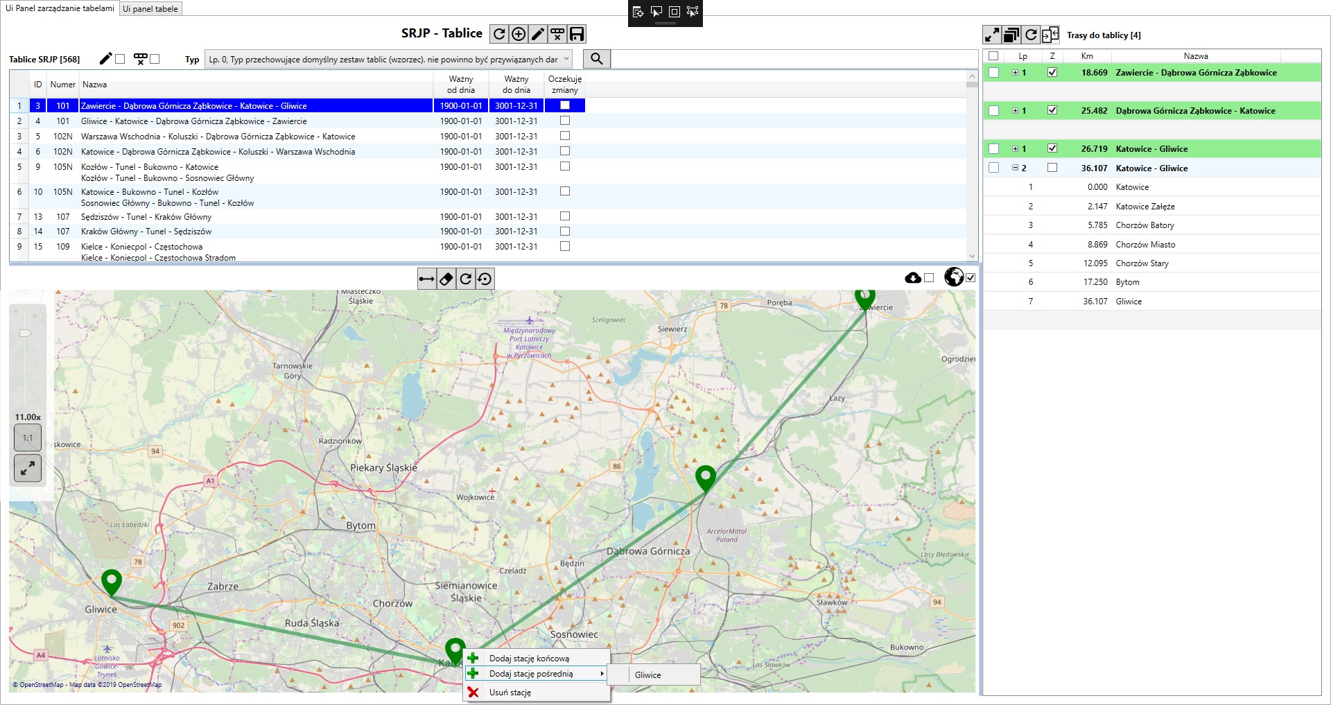 Interfejs użytkownika aplikacji do zarządzania danymi transportowymi, prezentujący mapę Śląska z zaznaczonymi trasami kolejowymi pomiędzy miastami, takimi jak Zawiercie, Dąbrowa Górnicza, Ząbkowice...