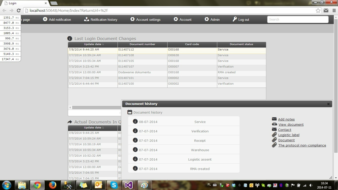 Zrzut ekranu panelu administracyjnego systemu z listą ostatnich zmian dokumentów i historią dokumentów, zawierający daty, numery dokumentów, kody kart i statusy dokumentów.