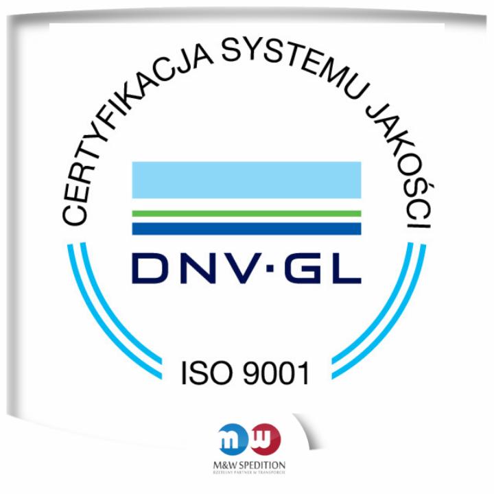 Certyfikat ISO 9001 DNV GL dla firmy M&W Spedition, gwarancja jakości usług.