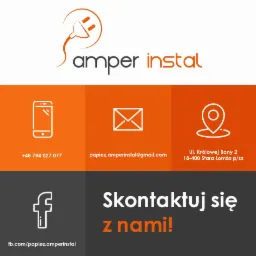 Logo firmy Amper Instal z wtyczką w kółku, dane kontaktowe: numer telefonu, adres e-mail, adres siedziby oraz link do profilu na Facebooku, hasło 'Skontaktuj się z nami!'