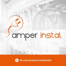 Logo firmy 'amper instal' na tle rozdzielnicy elektrycznej z widocznymi przewodami i elementami zabezpieczeń, z pomarańczowym symbolem wtyczki i adresem do profilu na Facebooku.