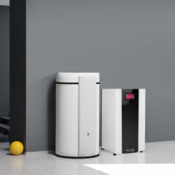 Biała pompa ciepła z zbiornikiem buforowym w minimalistycznym pomieszczeniu z workiem treningowym i regałem na akcesoria do ćwiczeń.