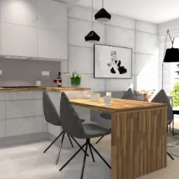 Wizualizacja nowoczesnej kuchni z drewnianym blatem, szarymi krzesłami i oknem z widokiem na budynek mieszkalny, oświetlona trzema wiszącymi lampami.