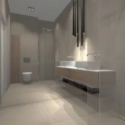 Wizualizacja beżowej łazienki z dwoma umywalkami nablatowymi, drewnianą szafką pod umywalkami, minimalistyczną kabiną prysznicową i wiszącą lampą z długimi, czarnymi elementami.