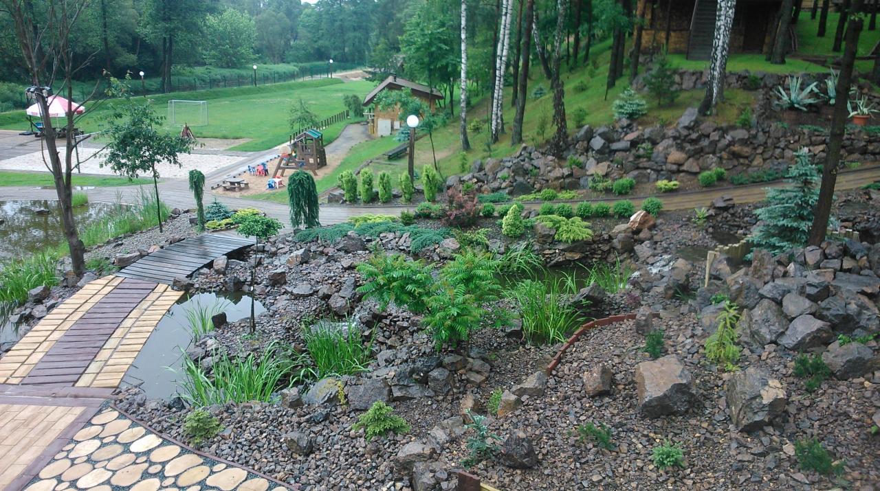 Ogród z oczkiem wodnym i drewnianym mostkiem, otoczony kamieniami i różnorodną roślinnością. W tle widoczny plac zabaw i budynek. Ujęcie z góry.