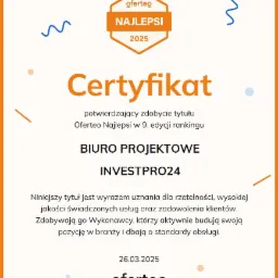 Certyfikat Oferteo Najlepsi 2025 dla Biura Projektowego INVESTPRO24, potwierdzający uznanie dla rzetelności i jakości świadczonych usług.
