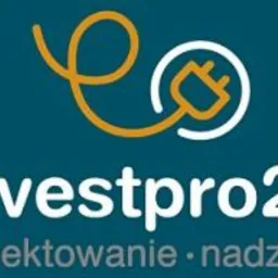 Logo firmy Investpro24 z symbolem wtyczki elektrycznej w okręgu. Pod nazwą firmy widnieje napis 'projektowanie · nadzory' mniejszą czcionką.