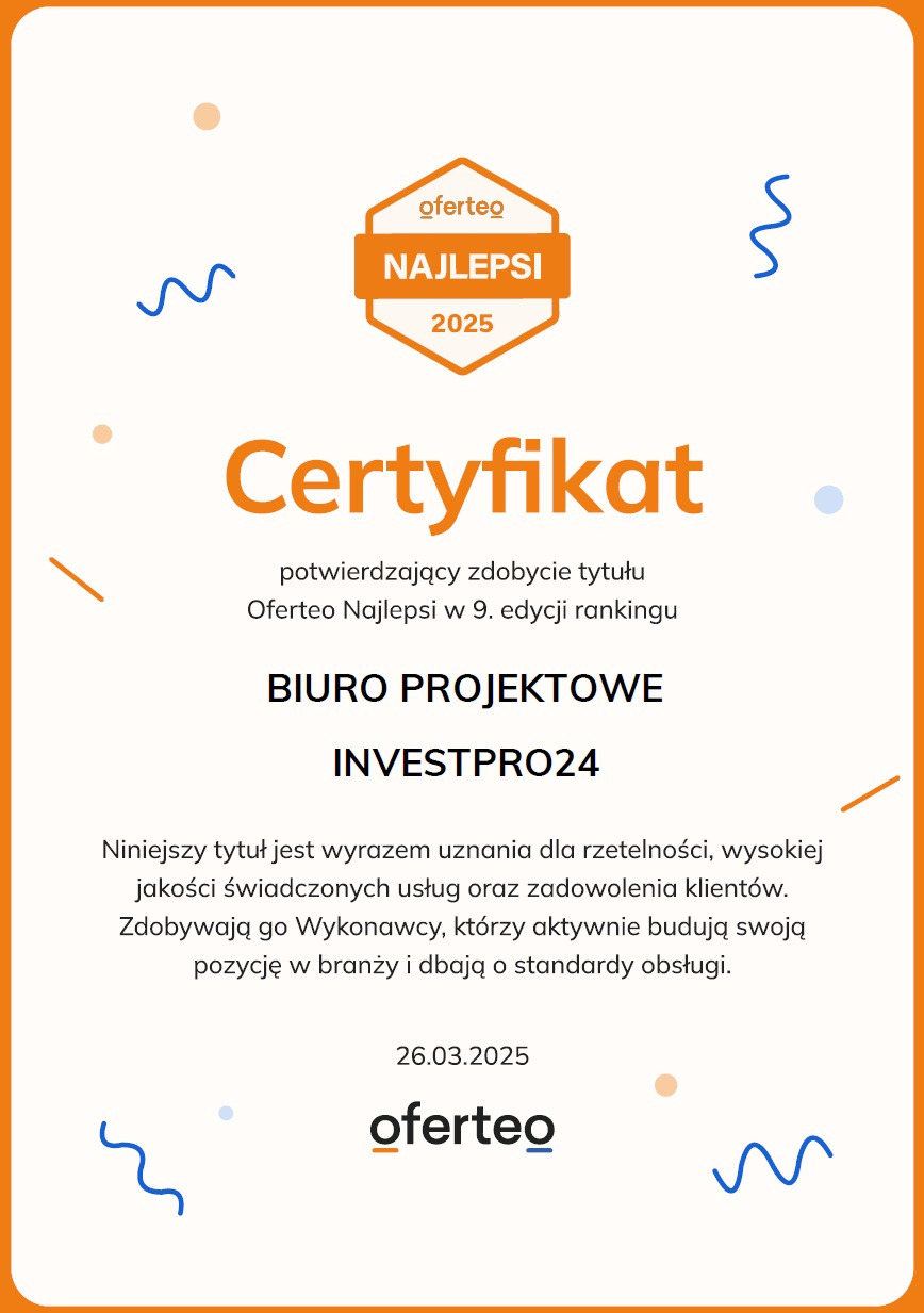 Certyfikat Oferteo Najlepsi 2025 dla Biura Projektowego INVESTPRO24, potwierdzający uznanie dla rzetelności i jakości świadczonych usług.