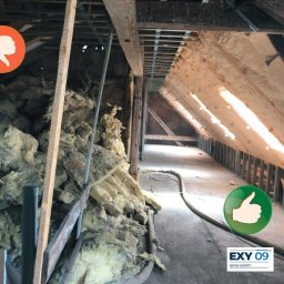 BUDIVO - Poddasze przed (wełna mineralna) i po (pianka PUR) ociepleniu. Widoczne krokwie i okna dachowe. Częściowo ocieplona skośna ściana poddasza pianką.