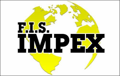 Logo firmy F.I.S. IMPEX na tle stylizowanej, żółtej mapy świata.