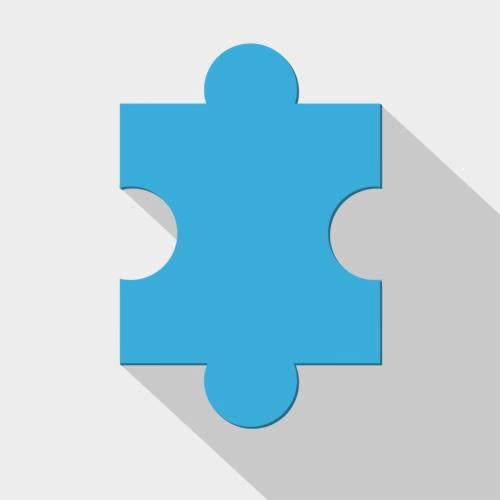 Błękitny element układanki z wyraźnym cieniem na szarym tle. Prosty, ilustracyjny design z zaokrąglonymi krawędziami i minimalistycznym stylem.