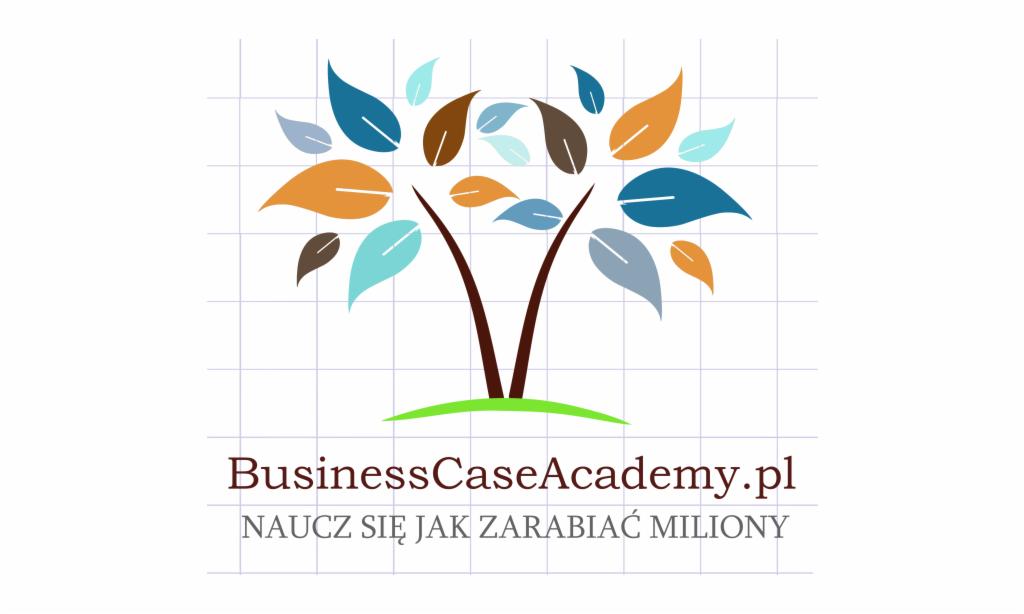 Grafika: Stylizowane drzewo z liśćmi w odcieniach niebieskiego, brązu i pomarańczu, pod nim napis 'BusinessCaseAcademy.pl' i hasło 'NAUCZ SIĘ JAK ZARABIAĆ MILIONY'.