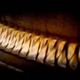 Szereg precyzyjnie wyciętych, metalowych zębów piły taśmowej, widoczny w słabym oświetleniu warsztatowym, z delikatnymi śladami użytkowania i brudu.