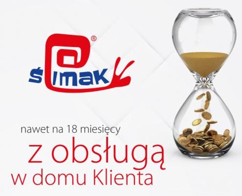 Logo firmy Ślimak z czerwonym ślimakiem i napisem, obok klepsydra z przesypującymi się złotymi monetami, poniżej napis 'nawet na 18 miesięcy z obsługą w domu Klienta'.