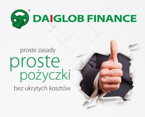 Grafika reklamowa Daiglob Finance: logo firmy, tekst 'proste zasady proste pożyczki bez ukrytych kosztów' oraz dłoń w garniturze wystająca z podartego papieru, pokazująca gest kciuka w górę.