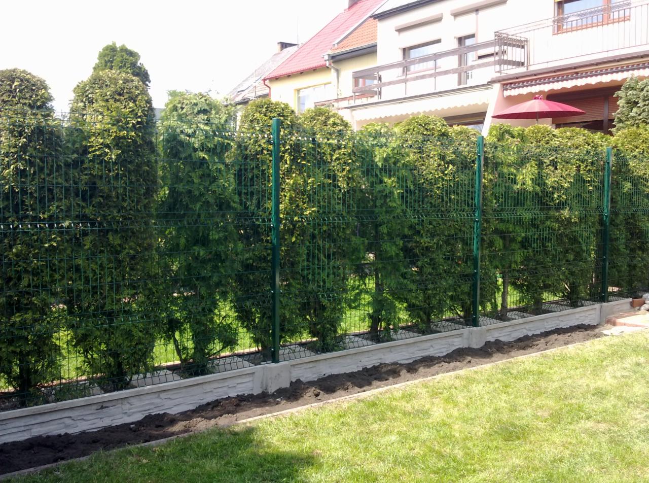Zielone panele ogrodzeniowe z podmurówką i nasadzeniami tujami, widok z zewnątrz posesji, w tle budynek mieszkalny z balkonem i czerwonym parasolem.