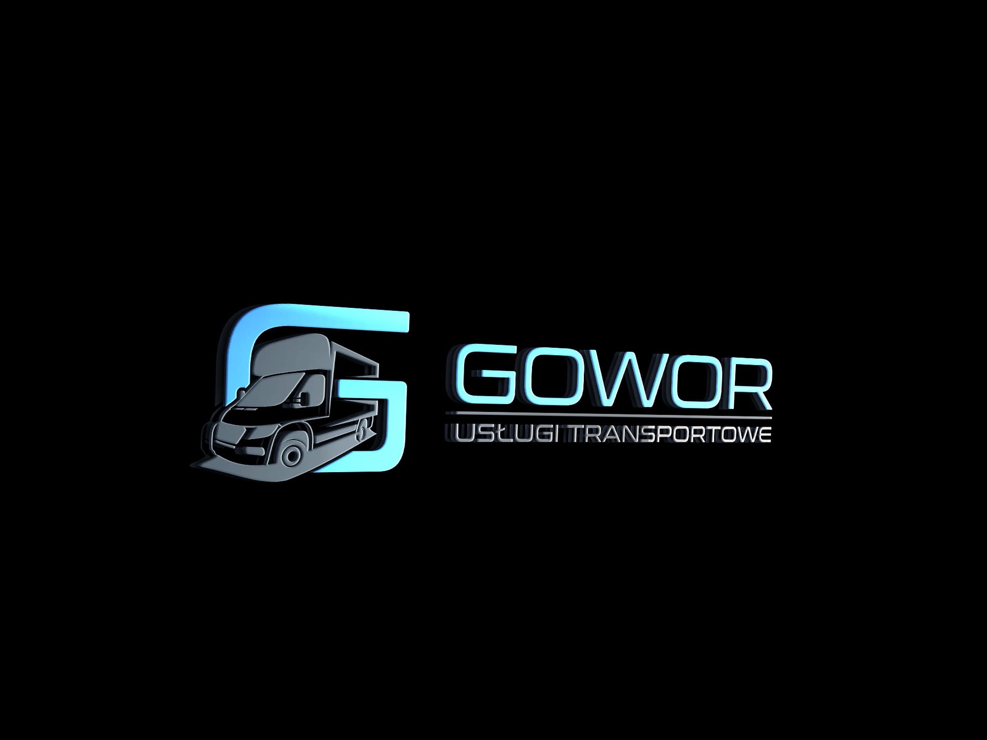 Graficzne logo firmy transportowej Gowor z wkomponowanym busem w literę G, wykonane w stylistyce 3D z neonowym niebieskim obrysem na czarnym tle.