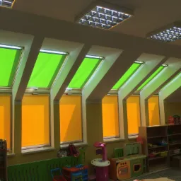 Jasne, pomarańczowe rolety mini w oknach pionowych i jaskrawozielone rolety dachowe sprężynowe w oknach skośnych na poddaszu pokoju dziecięcego.
