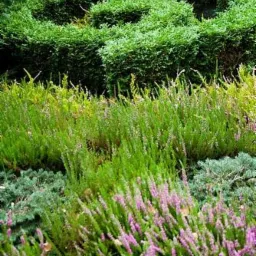 Kaskadowy ogród z formowanymi krzewami, wrzosami i iglakami. Labirynt z roślin w górnej części zdjęcia. Różnorodność faktur i odcieni zieleni tworzy harmonijną kompozycję.