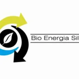 Logo 'Bio Energia Silesia' z trzema strzałkami w kolorach: żółtym, niebieskim i czarnym, okalającymi czarne kółko z białym liściem w środku. Minimalistyczny design.