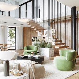 INTUS GROUP - Nowoczesny salon z drewnianymi schodami, zielonymi fotelami i marmurowymi akcentami, oświetlony przez designerskie lampy wiszące.