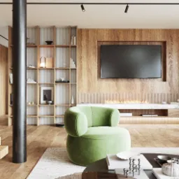 Nowoczesny salon z drewnianą ścianą, telewizorem, kominkiem, regałem z dekoracjami i okrągłym, zielonym fotelem na dywanie, z widocznym stolikiem kawowym z dekoracjami.