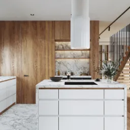 Nowoczesna kuchnia z marmurową podłogą i blatem wyspy, białe szafki z drewnianymi akcentami, cylindryczny okap nad płytą grzewczą i drewniane panele ścienne z ukrytymi drzwiami.