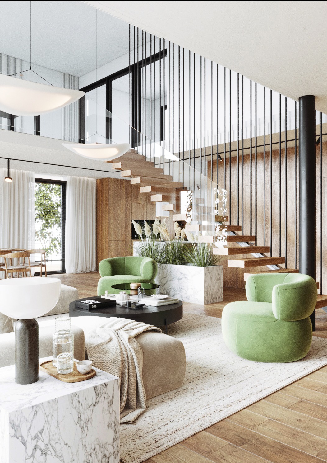 Nowoczesny salon z drewnianymi schodami, zielonymi fotelami i marmurowymi akcentami, oświetlony przez designerskie lampy wiszące.