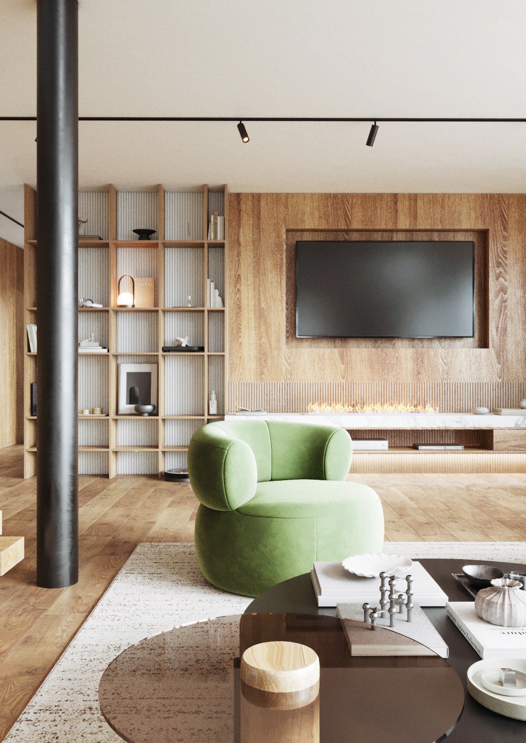 Nowoczesny salon z drewnianą ścianą, telewizorem, kominkiem, regałem z dekoracjami i okrągłym, zielonym fotelem na dywanie, z widocznym stolikiem kawowym z dekoracjami.