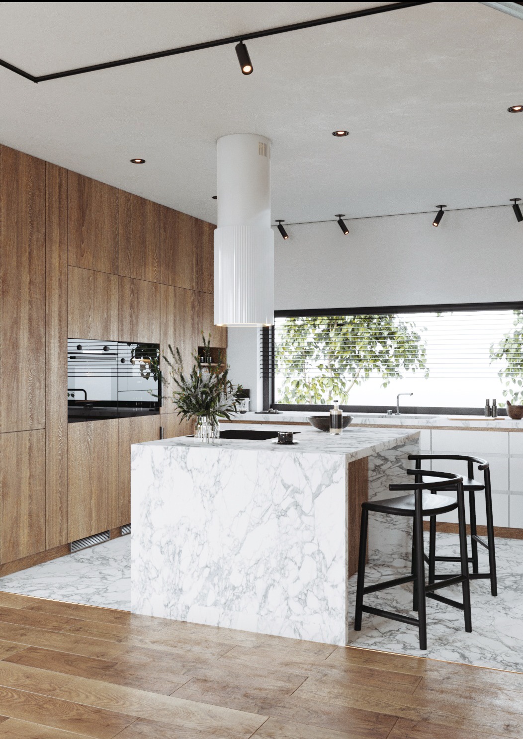 Nowoczesna kuchnia z marmurową wyspą, drewnianymi szafkami i minimalistycznym oświetleniem punktowym, widok na ogród przez duże okno z żaluzjami.