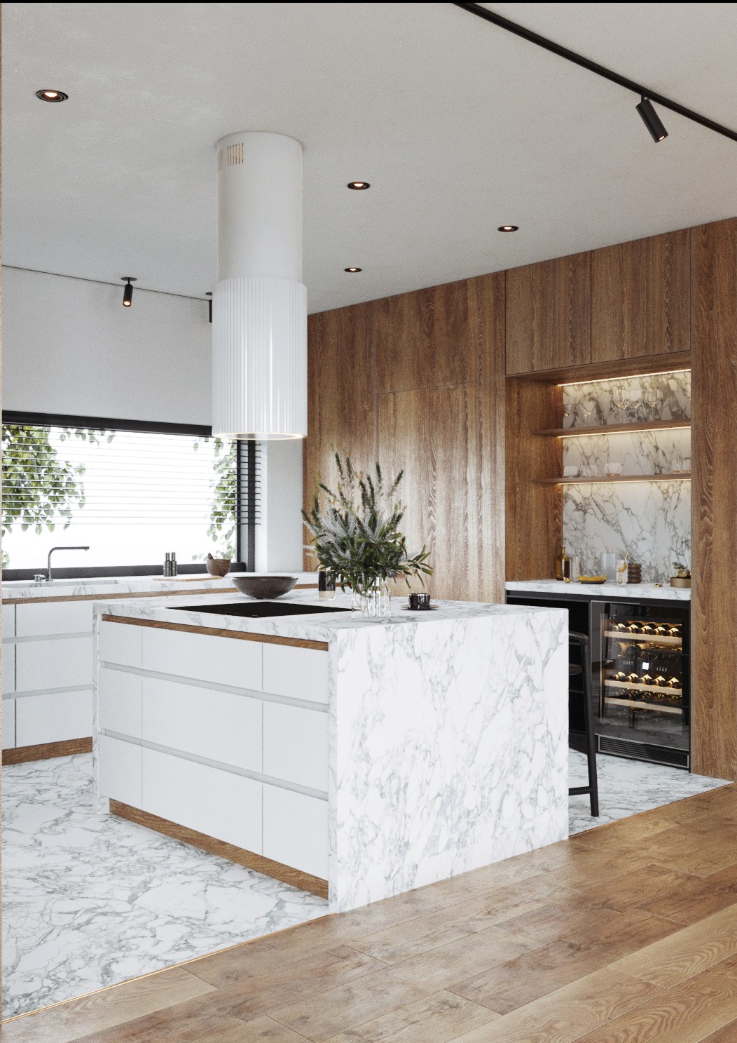 Nowoczesna kuchnia z wyspą wykończoną marmurem, białe fronty szafek, drewniane akcenty, okap cylindryczny i podświetlana półka z winami.