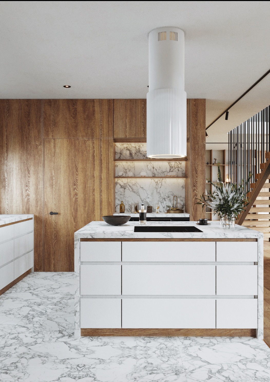 Nowoczesna kuchnia z marmurową podłogą i blatem wyspy, białe szafki z drewnianymi akcentami, cylindryczny okap nad płytą grzewczą i drewniane panele ścienne z ukrytymi drzwiami.