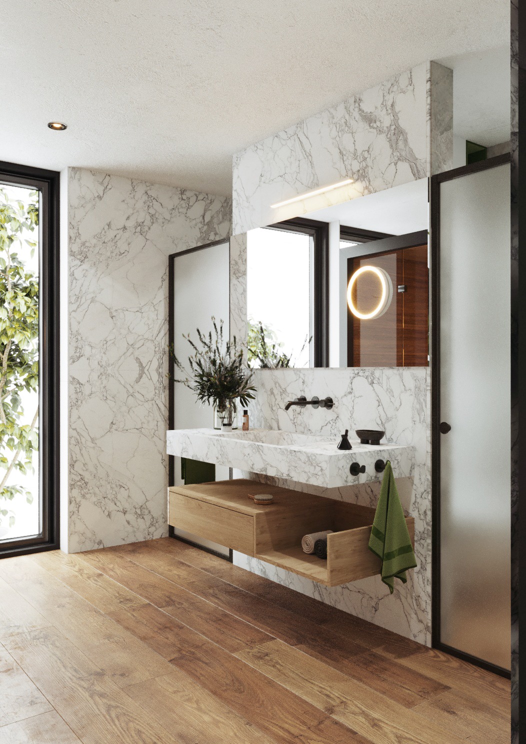 Nowoczesna łazienka z marmurowymi ścianami i blatem umywalki, drewnianą szafką pod umywalką, okrągłym lustrem z podświetleniem LED i dużym oknem z widokiem na zieleń.