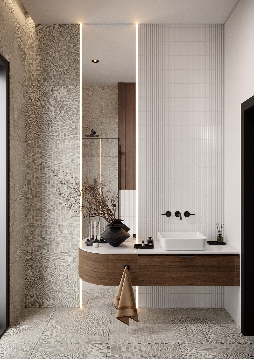 Nowoczesna łazienka z umywalką nablatową, drewnianą szafką z zaokrąglonym bokiem, dekoracyjną ścianą z wzorem koncentrycznych okręgów i podświetlanym lustrem, uzupełniona o minimalistyczne...