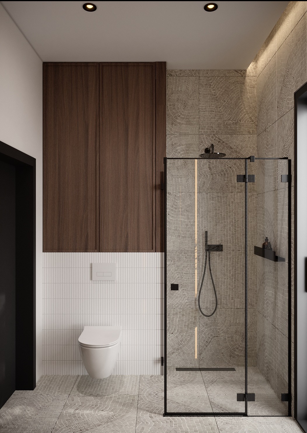 Nowoczesna łazienka z kabiną prysznicową typu walk-in, brązowymi szafkami wiszącymi, białą toaletą podwieszaną i płytkami imitującymi drewno na podłodze i ścianach prysznica.