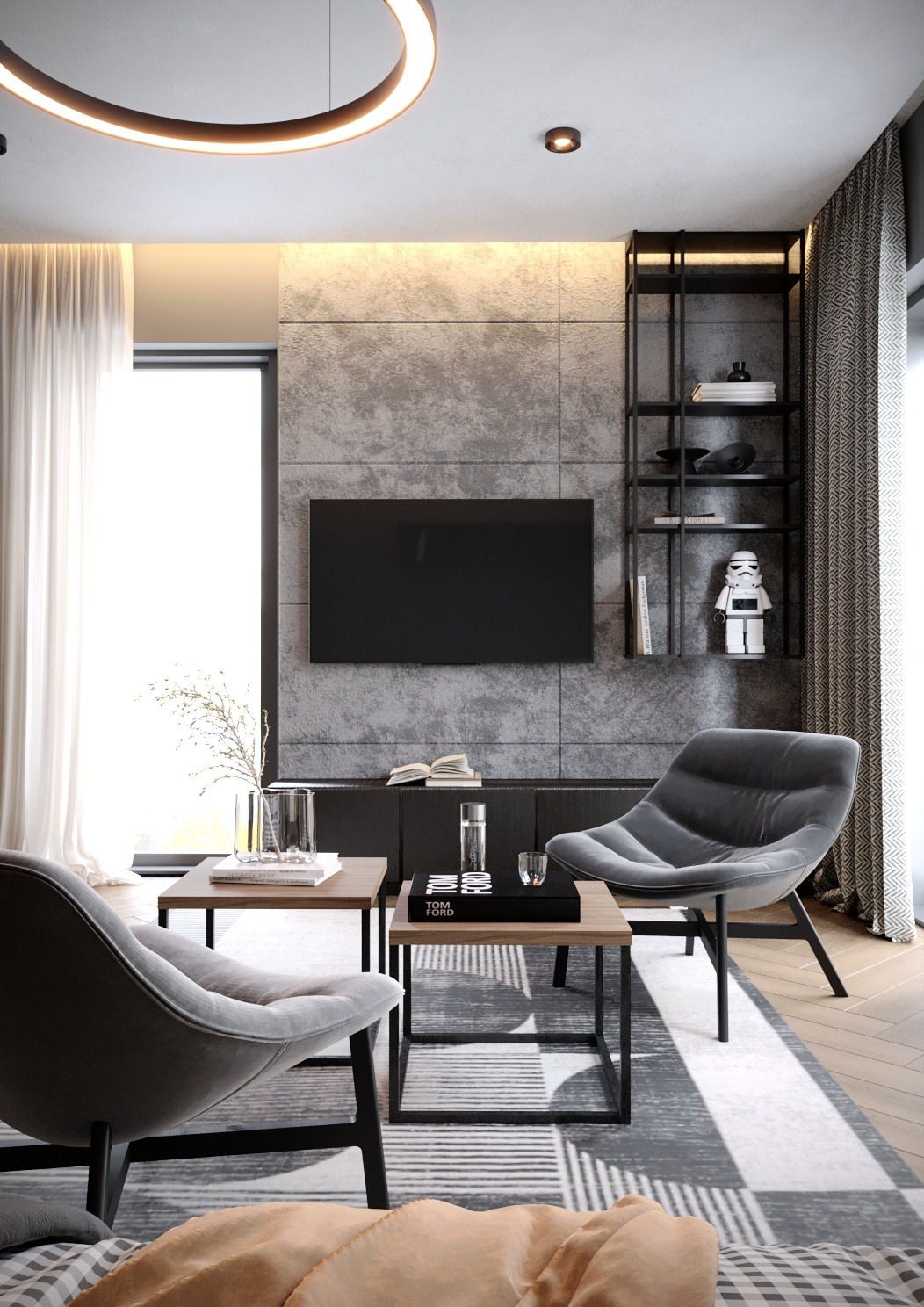 Nowoczesny salon z szarą ścianą, telewizorem, półką z dekoracjami, dwoma fotelami z szarego weluru i stolikami kawowymi z książkami i szklankami wody.