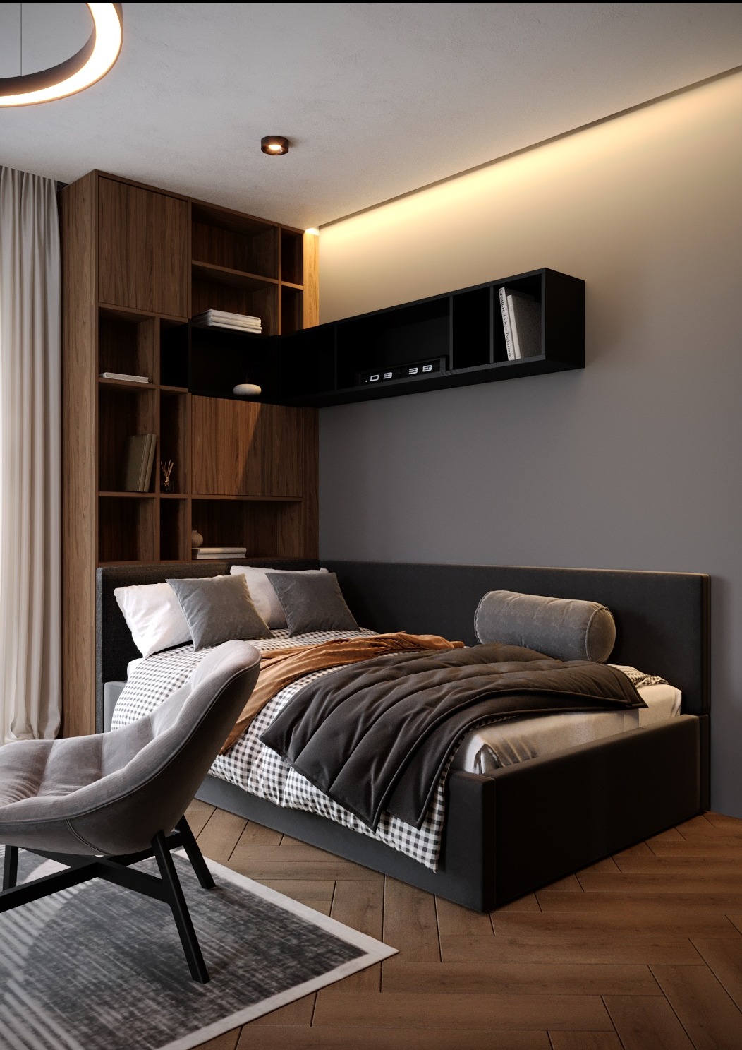 Nowoczesna sypialnia z łóżkiem z czarną ramą, szarą pościelą w kratę, brązowym pledem i poduszką wałkiem, drewnianymi półkami z książkami i czarną wiszącą szafką z elektronicznym zegarem...